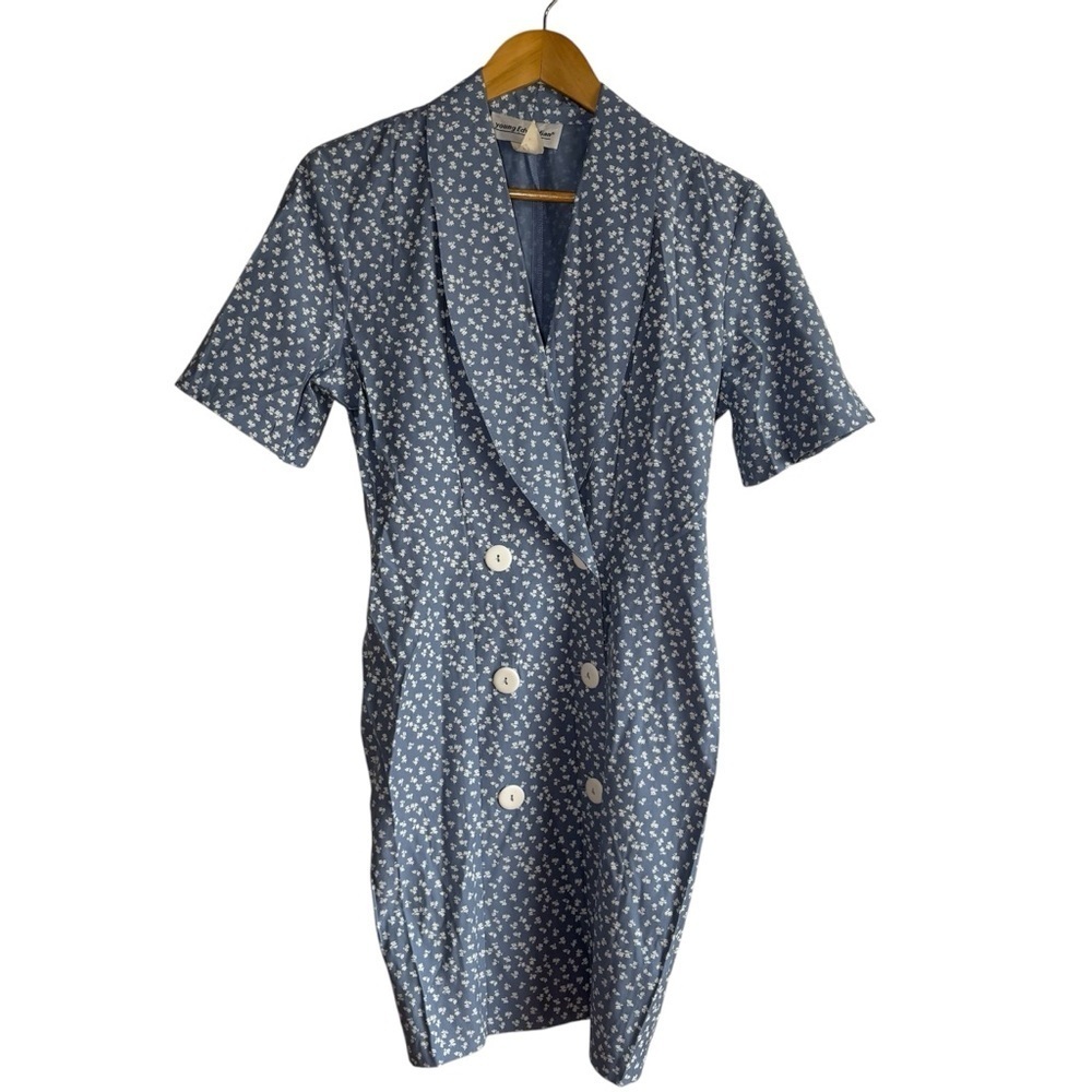 VTG Young Edwardian Mini Dress Small 7 Wrap Double Breasted Blue Floral Coquette